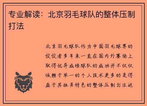 专业解读：北京羽毛球队的整体压制打法