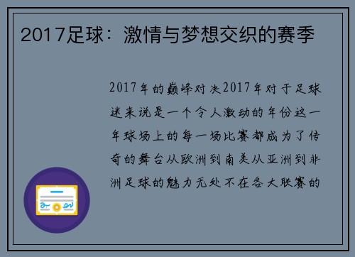 2017足球：激情与梦想交织的赛季