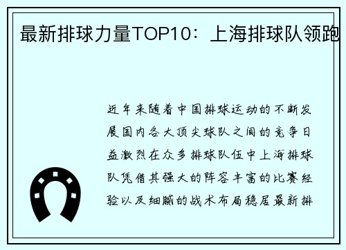 最新排球力量TOP10：上海排球队领跑