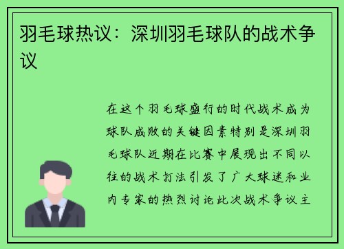 羽毛球热议：深圳羽毛球队的战术争议