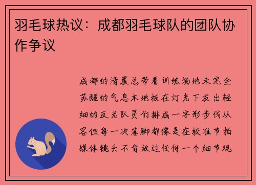 羽毛球热议：成都羽毛球队的团队协作争议